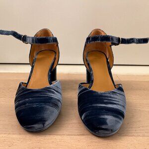 Sezane Katie Heels in Blue Velvet (block heel, ankle strap)